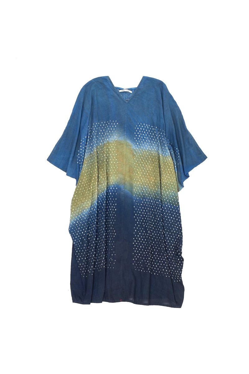 MIDNIGHT INDIGO COLOR BLOCKED DRAPE DRESS FEATURING MINIATURE BANDHANI