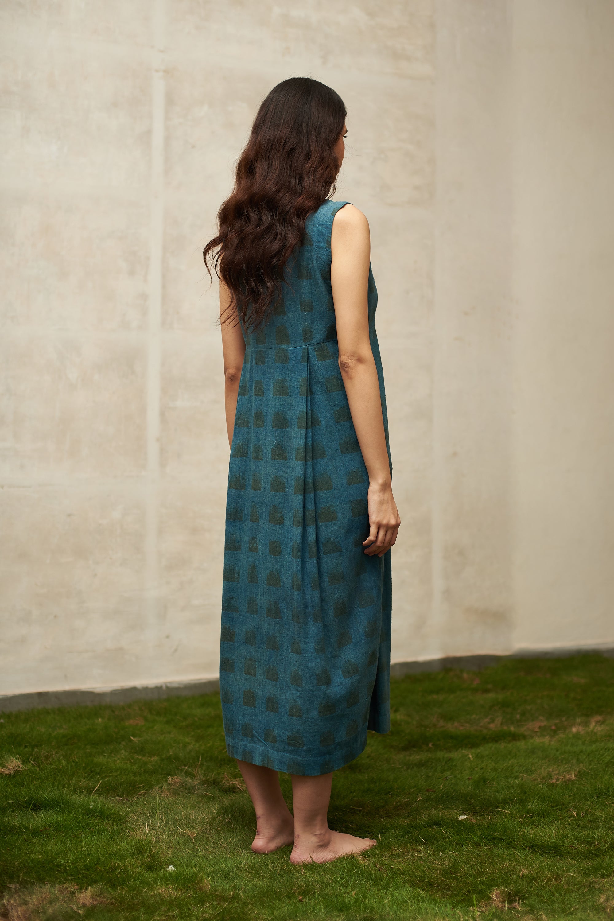 HANDPAINTED CHECK SLEEVELESS DRESS ORGANIC COTTON