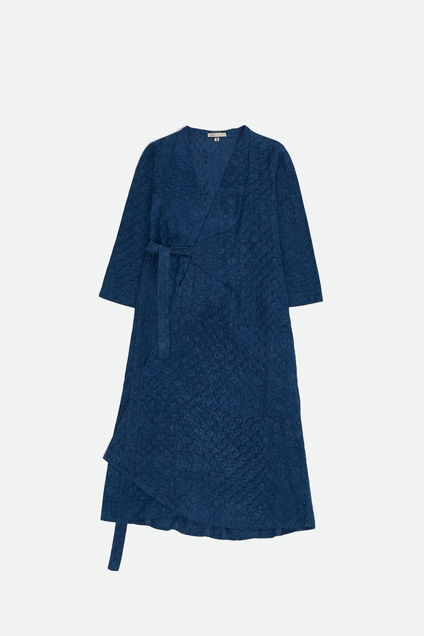 INDIGO BLOCK PRINTED STATEMENT WRAP DRESS