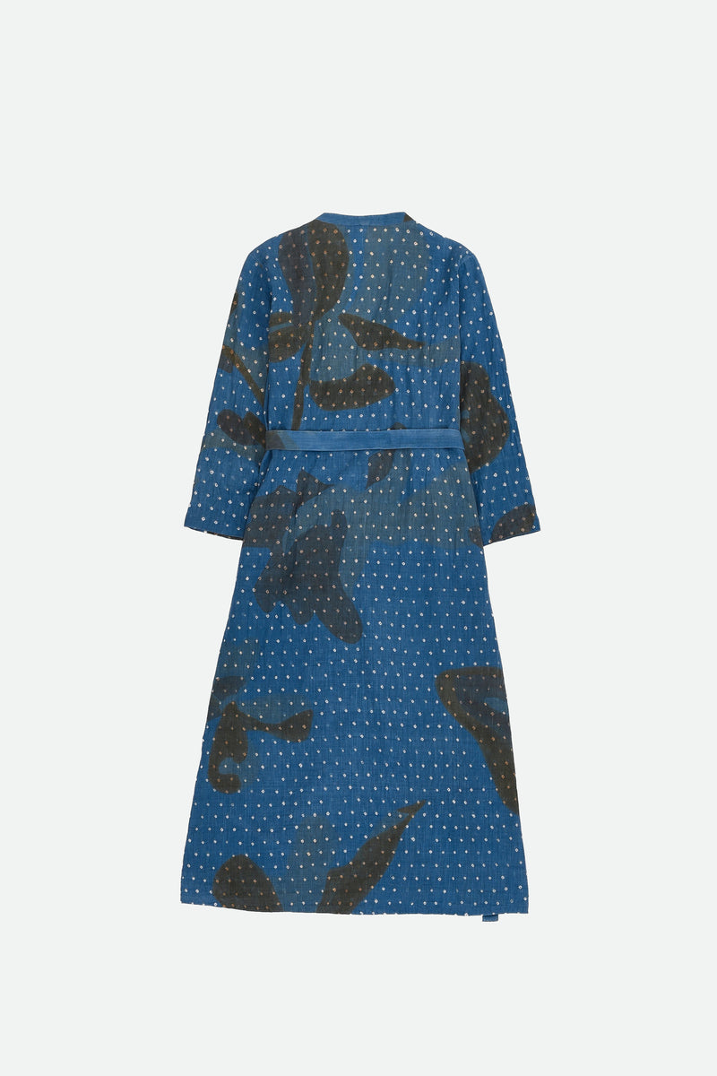 INDIGO SCREEN PRINTED BANDHANI STATEMENT WRAP DRESS