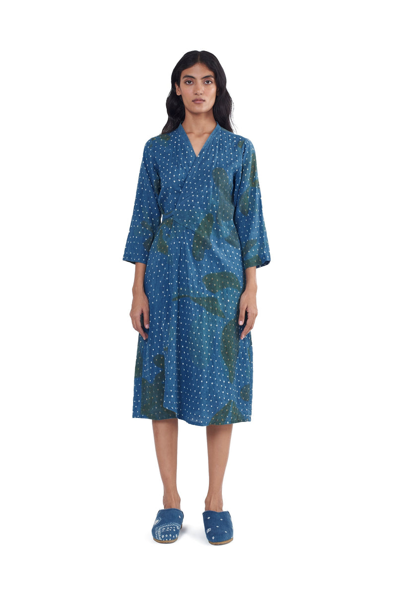 INDIGO SCREEN PRINTED BANDHANI STATEMENT WRAP DRESS