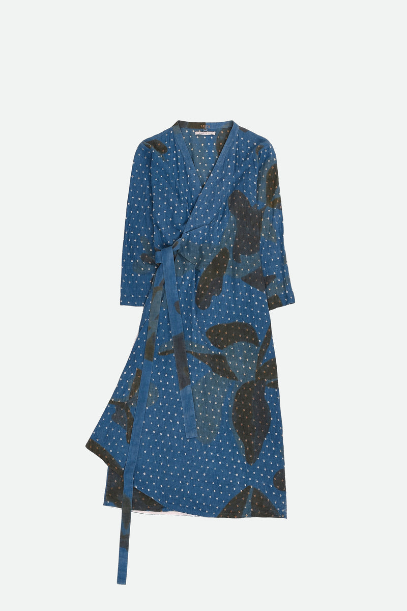 INDIGO SCREEN PRINTED BANDHANI STATEMENT WRAP DRESS