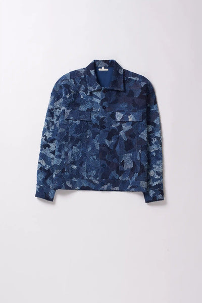 Denim Patchwork Trucker Jacket in Indigo