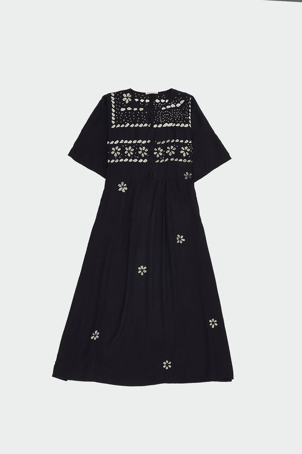 BANDHANI KIMONO SLEEVE SILK DRESS IN BLACK