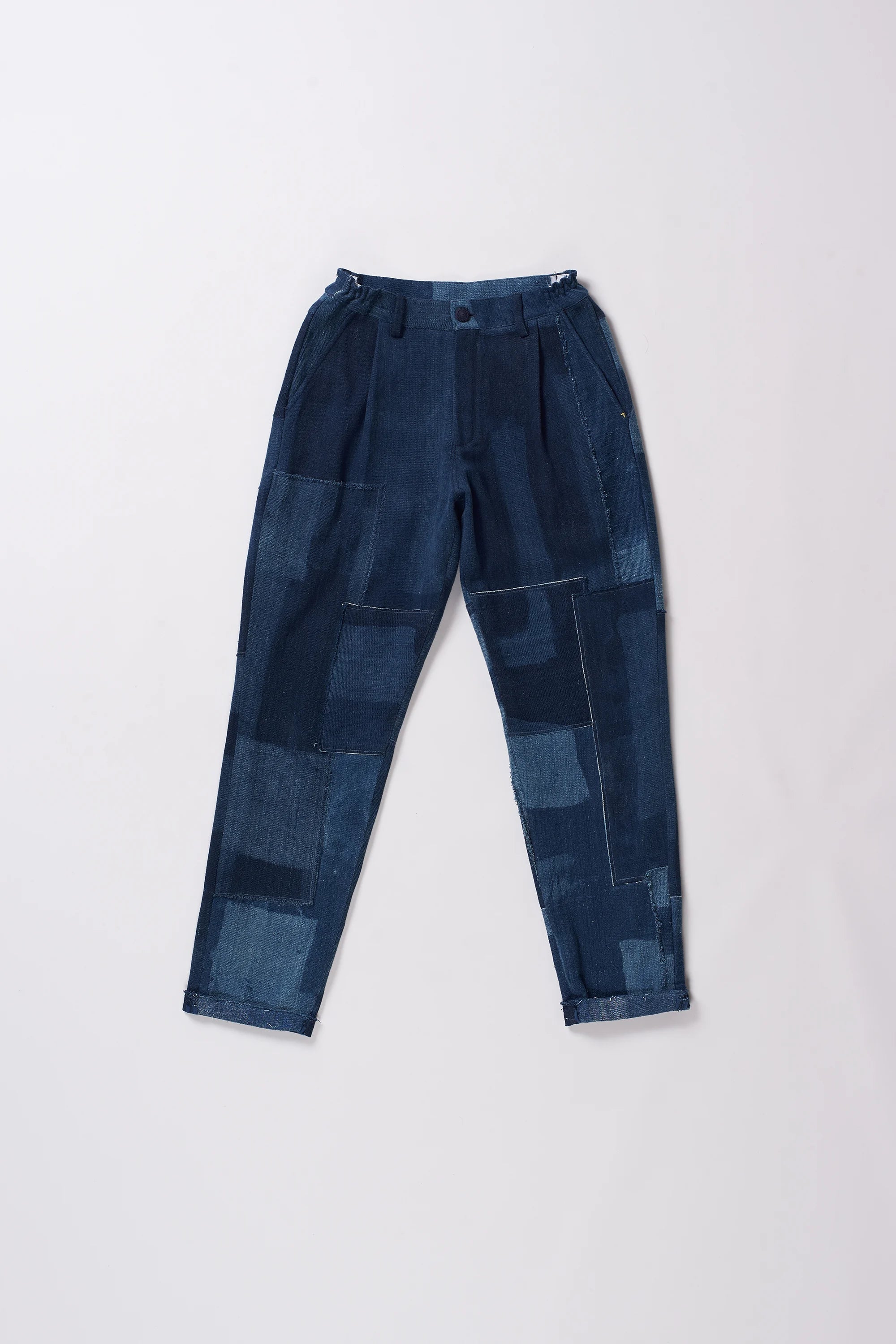 INDIGO PATCHWORK PLEATED TROUSERS
