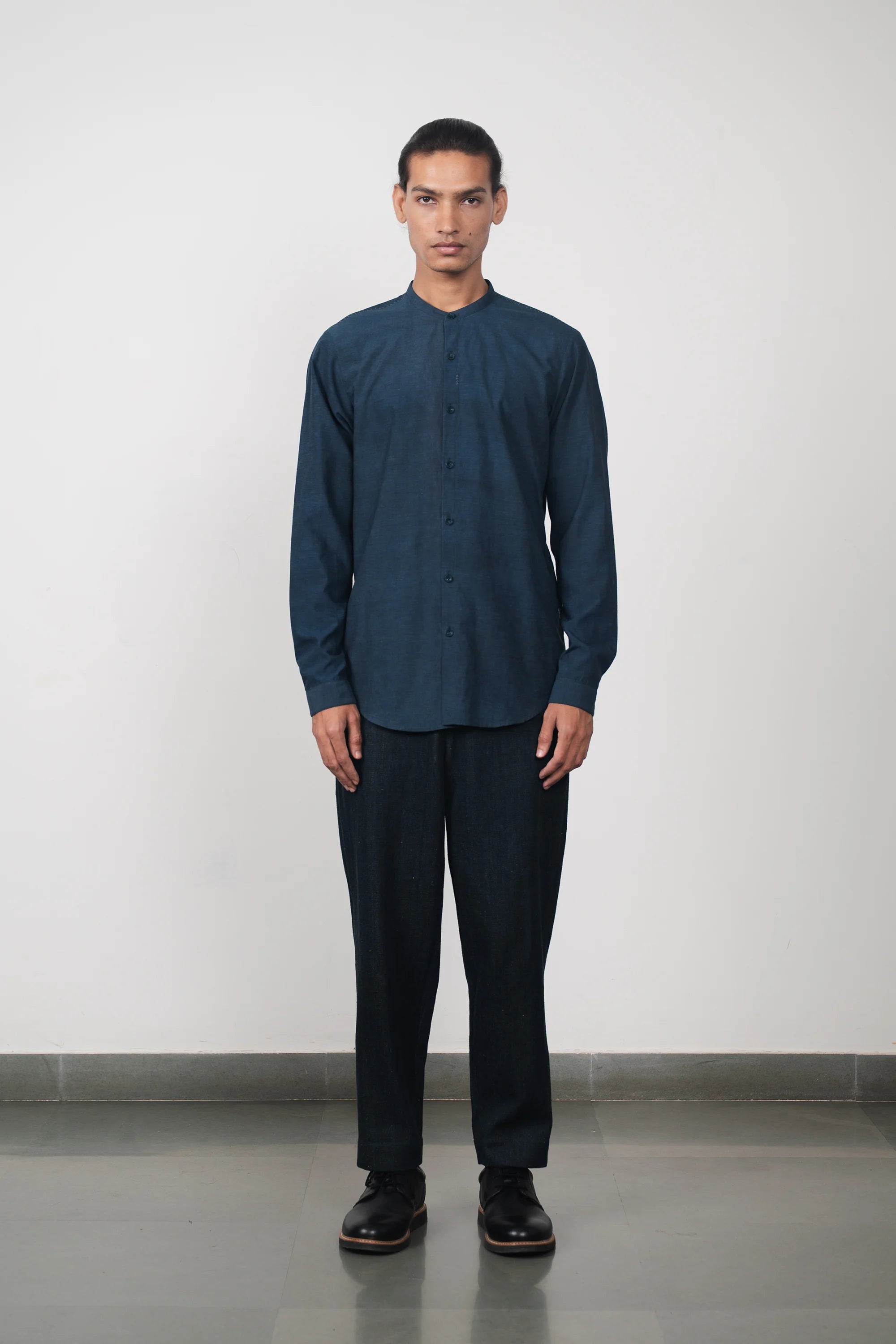 Indigo Band Collar Bandhani Shirt