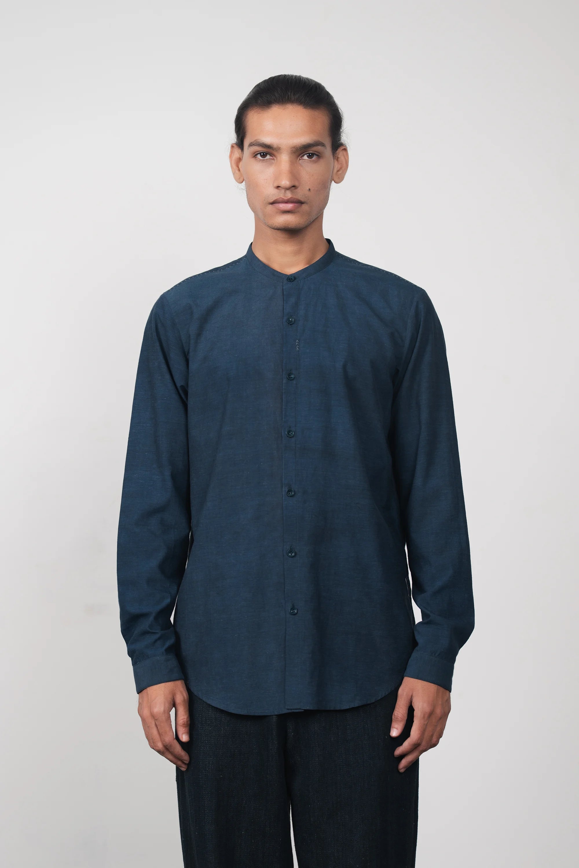 Indigo Band Collar Bandhani Shirt