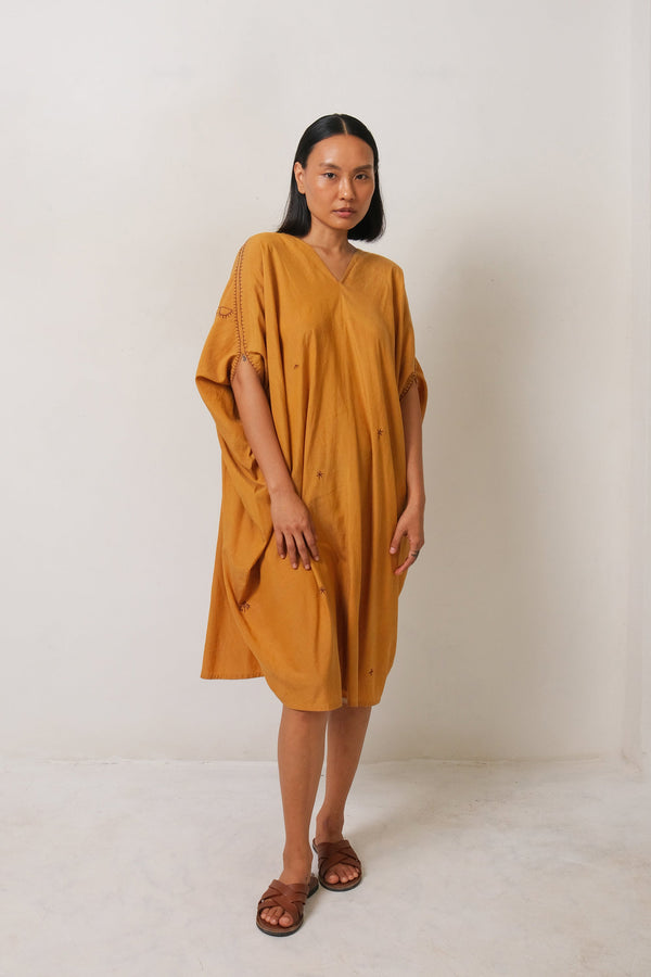 MUSTARD YELLOW COTTON SILK WITH EMBROIDERY WOMEN DRESS