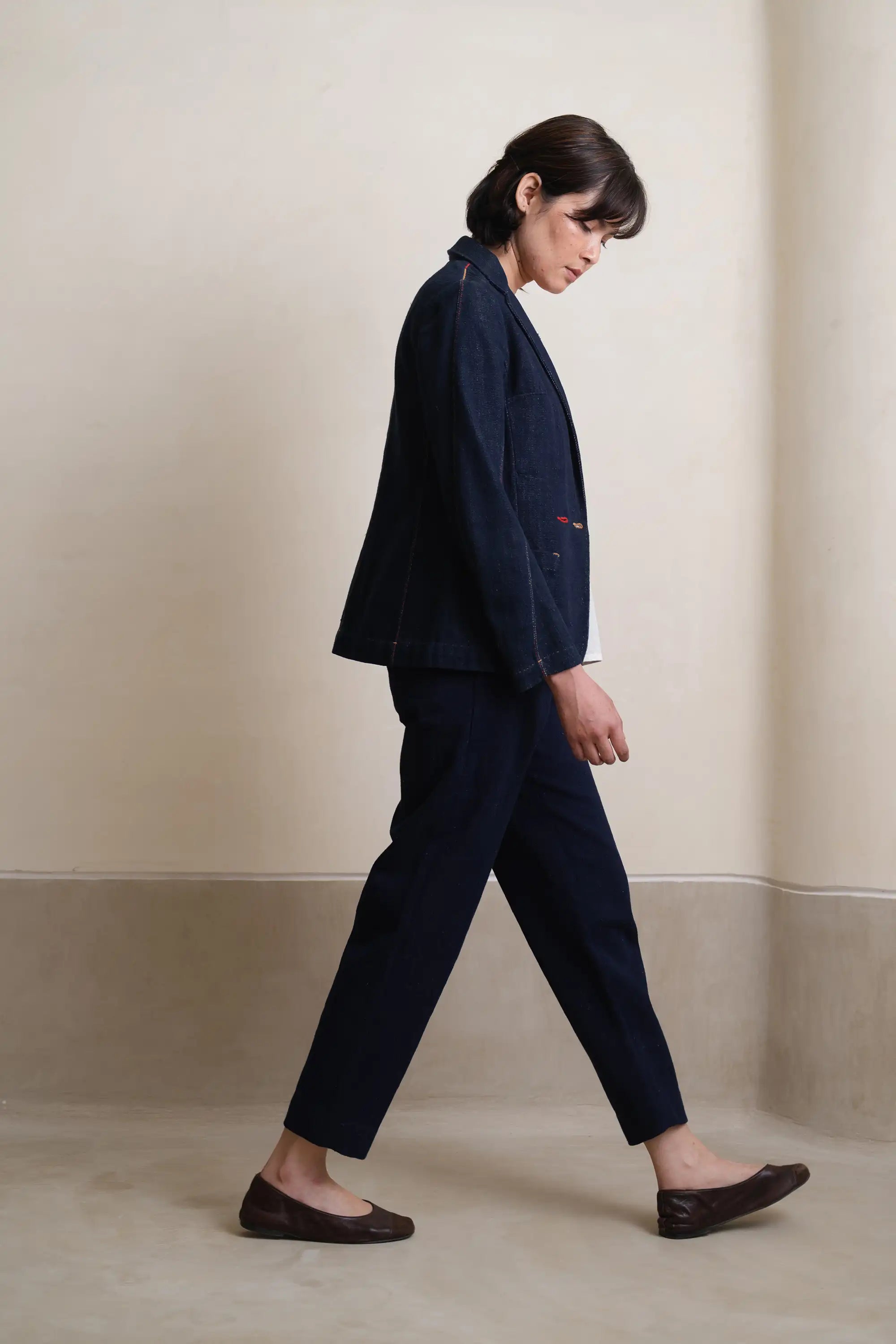 A woman wearing cotton indigo jacket