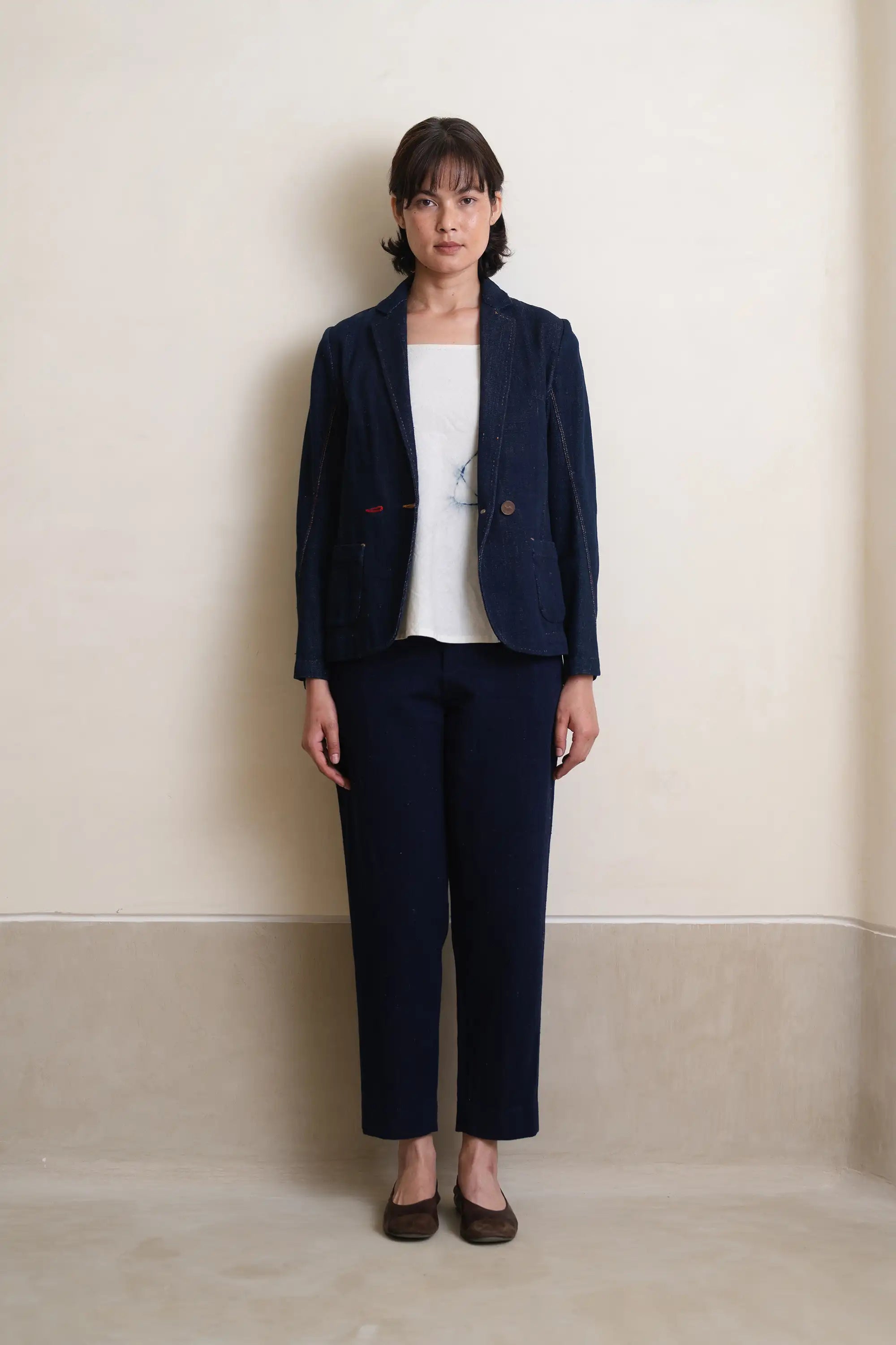 A woman wearing cotton indigo jacket