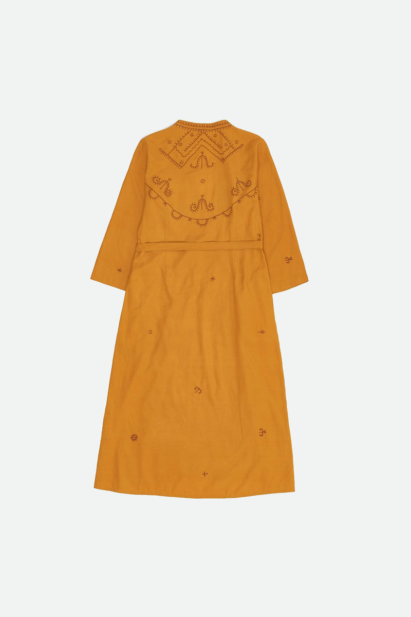 MUSTARD YELLOW EMBROIDERED COTTON SILK WOMEN DREES