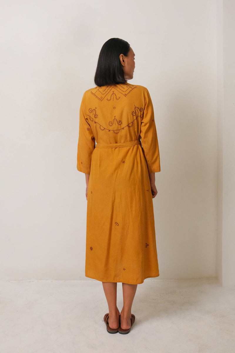 MUSTARD YELLOW EMBROIDERED COTTON SILK WOMEN DREES