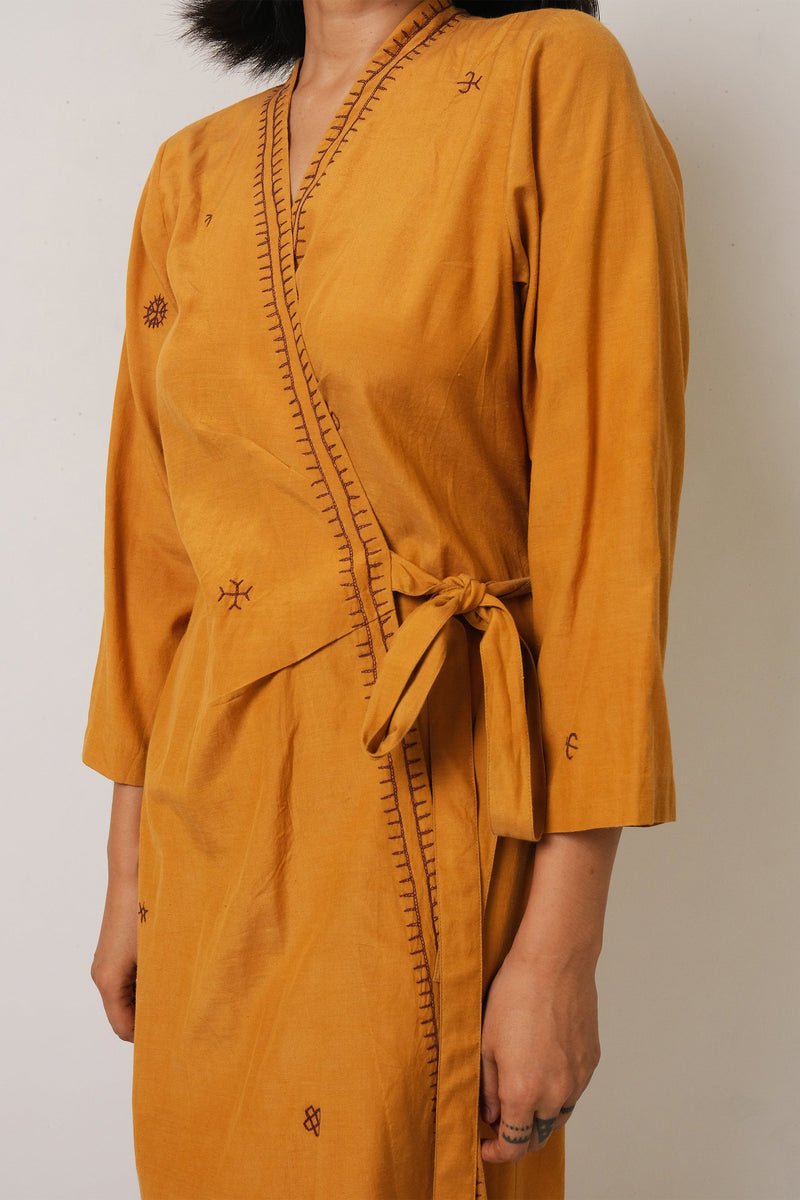 MUSTARD YELLOW EMBROIDERED COTTON SILK WOMEN DREES