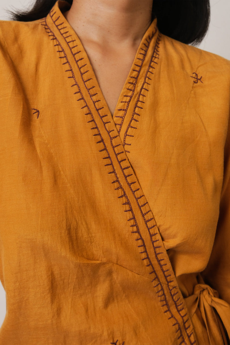 MUSTARD YELLOW EMBROIDERED COTTON SILK WOMEN DREES