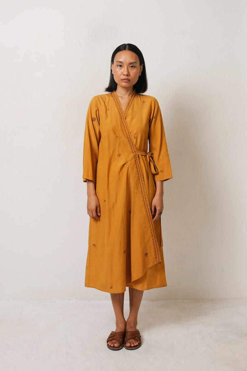 MUSTARD YELLOW EMBROIDERED COTTON SILK WOMEN DREES