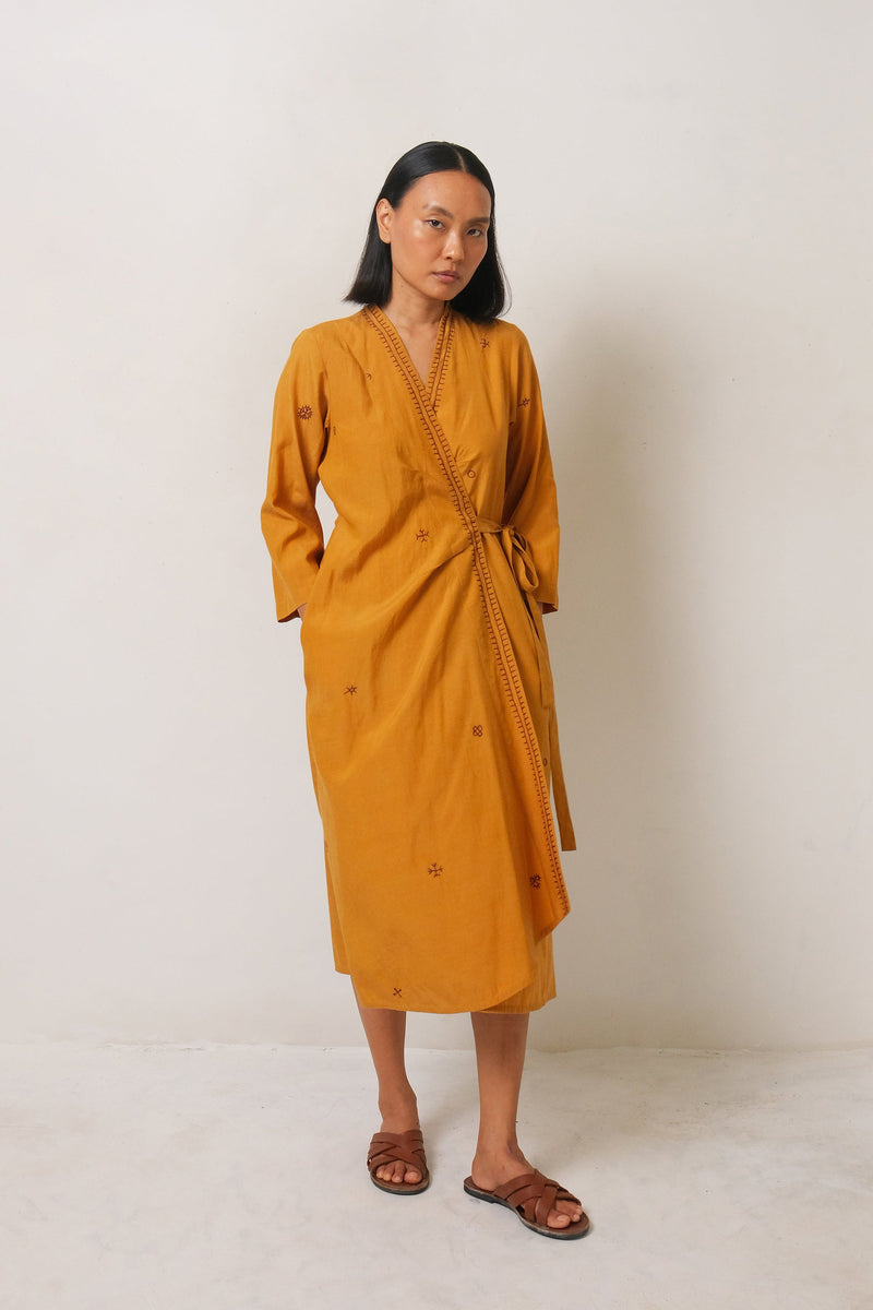 MUSTARD YELLOW EMBROIDERED COTTON SILK WOMEN DREES