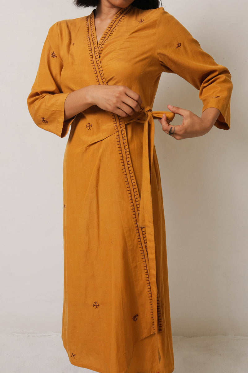 MUSTARD YELLOW EMBROIDERED COTTON SILK WOMEN DREES