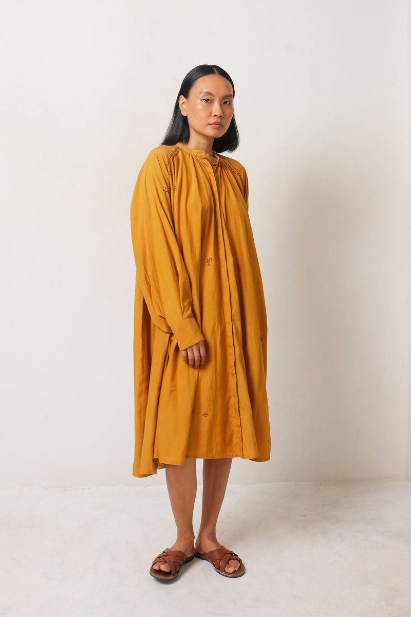 MUSTARD YELLOW EMBROIDERED COTTON SILK WOMEN DREES