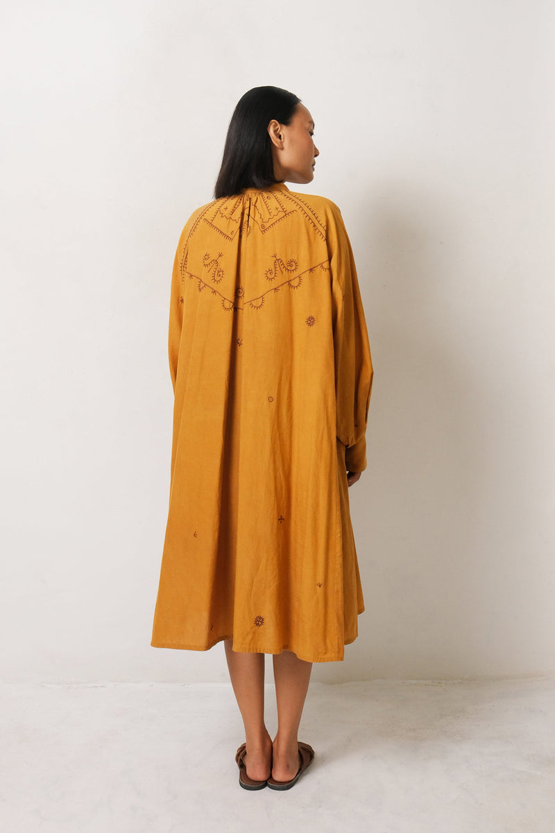 MUSTARD YELLOW EMBROIDERED COTTON SILK WOMEN DREES