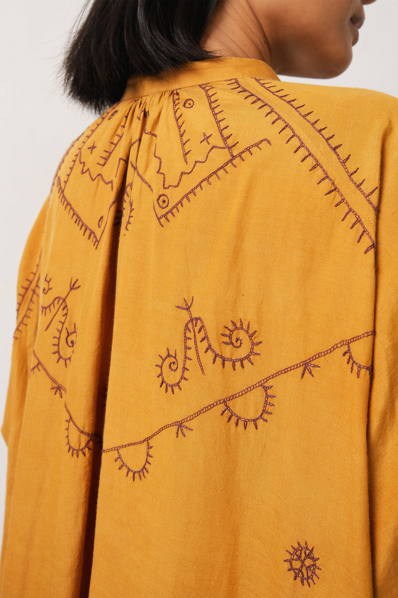 MUSTARD YELLOW EMBROIDERED COTTON SILK WOMEN DREES