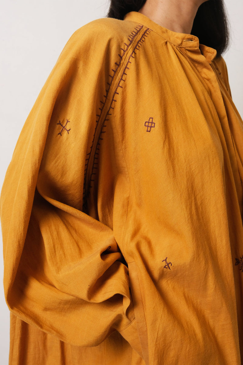 MUSTARD YELLOW EMBROIDERED COTTON SILK WOMEN DREES