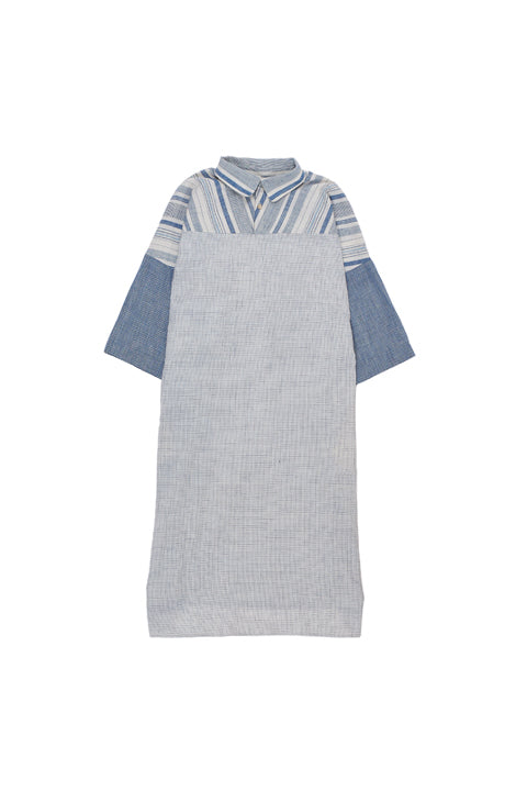 Indigo Organic Cotton Yarn Dyed Patchwork Sculpted Dress