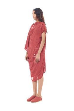 CRIMSON PINK MIRROR EMBELLISHED DRAPE DRESS FEATURING SHIBORI