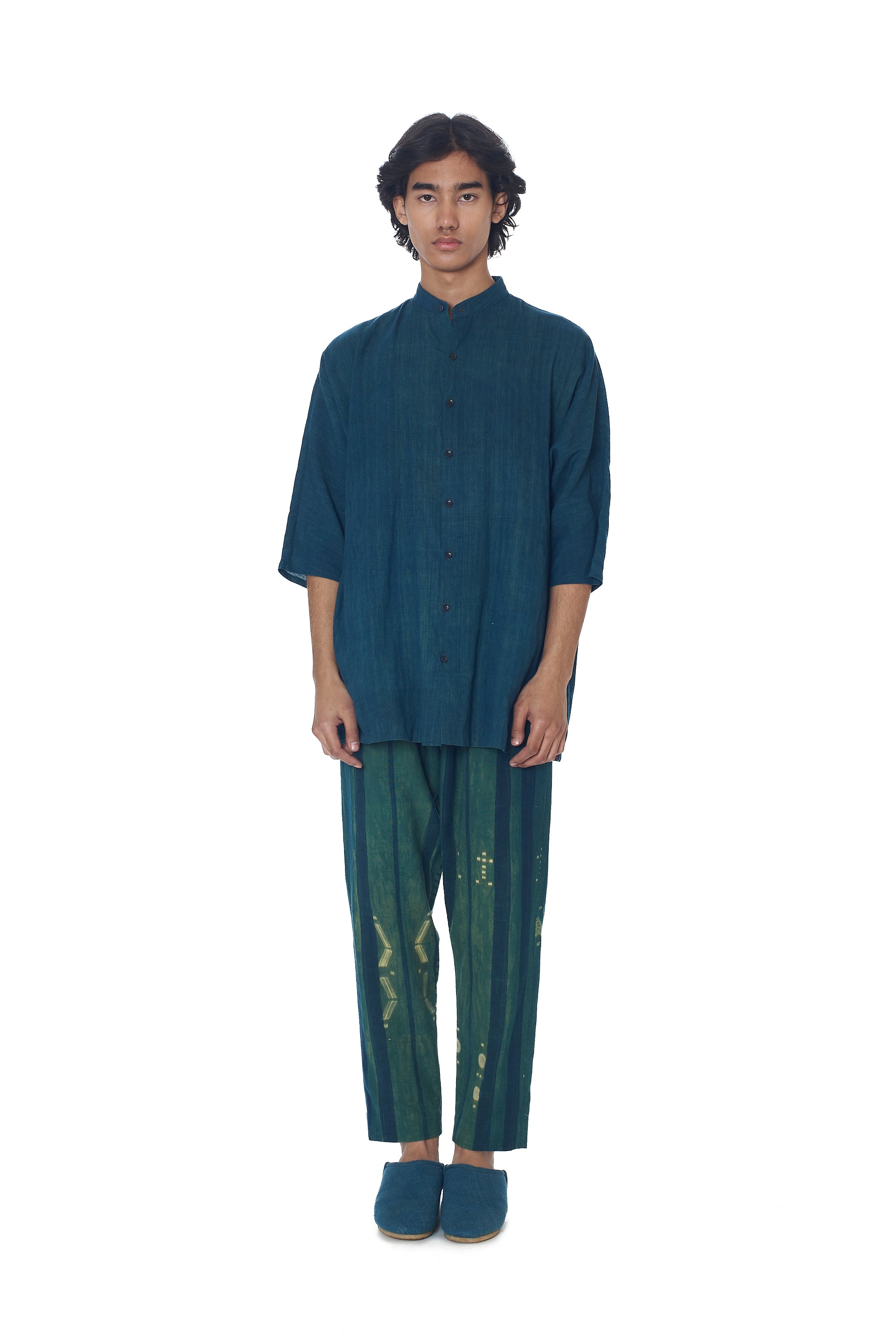 BOTTLE GREEN SHIBORI SOFT COTTON DRAWSTRING PANTS