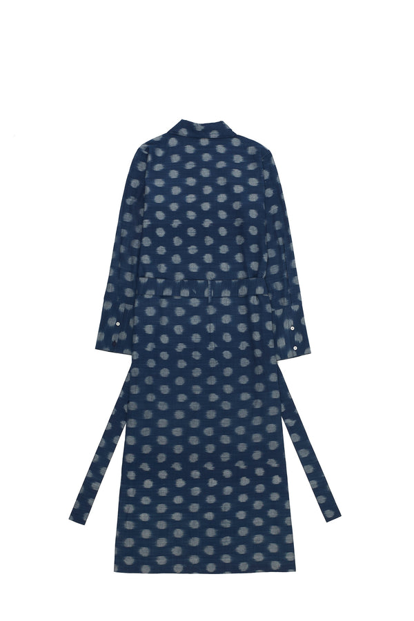 INDIGO WEFT IKAT COTTON STATEMENT SHIRT DRESS