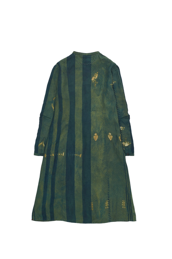 Bottle Green Block Print & Shibori Soft Silk Dress
