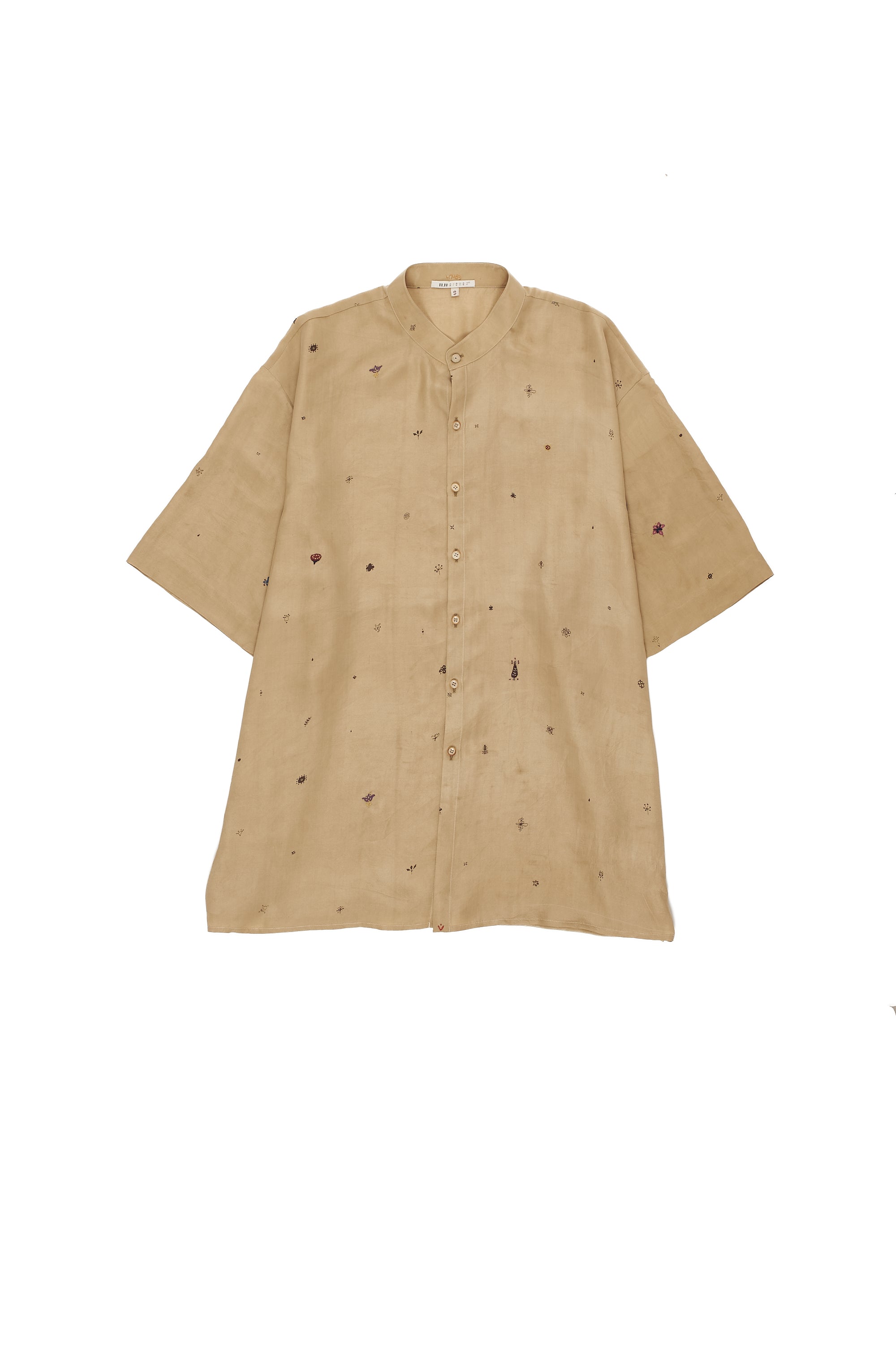 Whiskey Gold Elemental Screen Printed Shirt In Fine Silk With Hand Embroidered Details