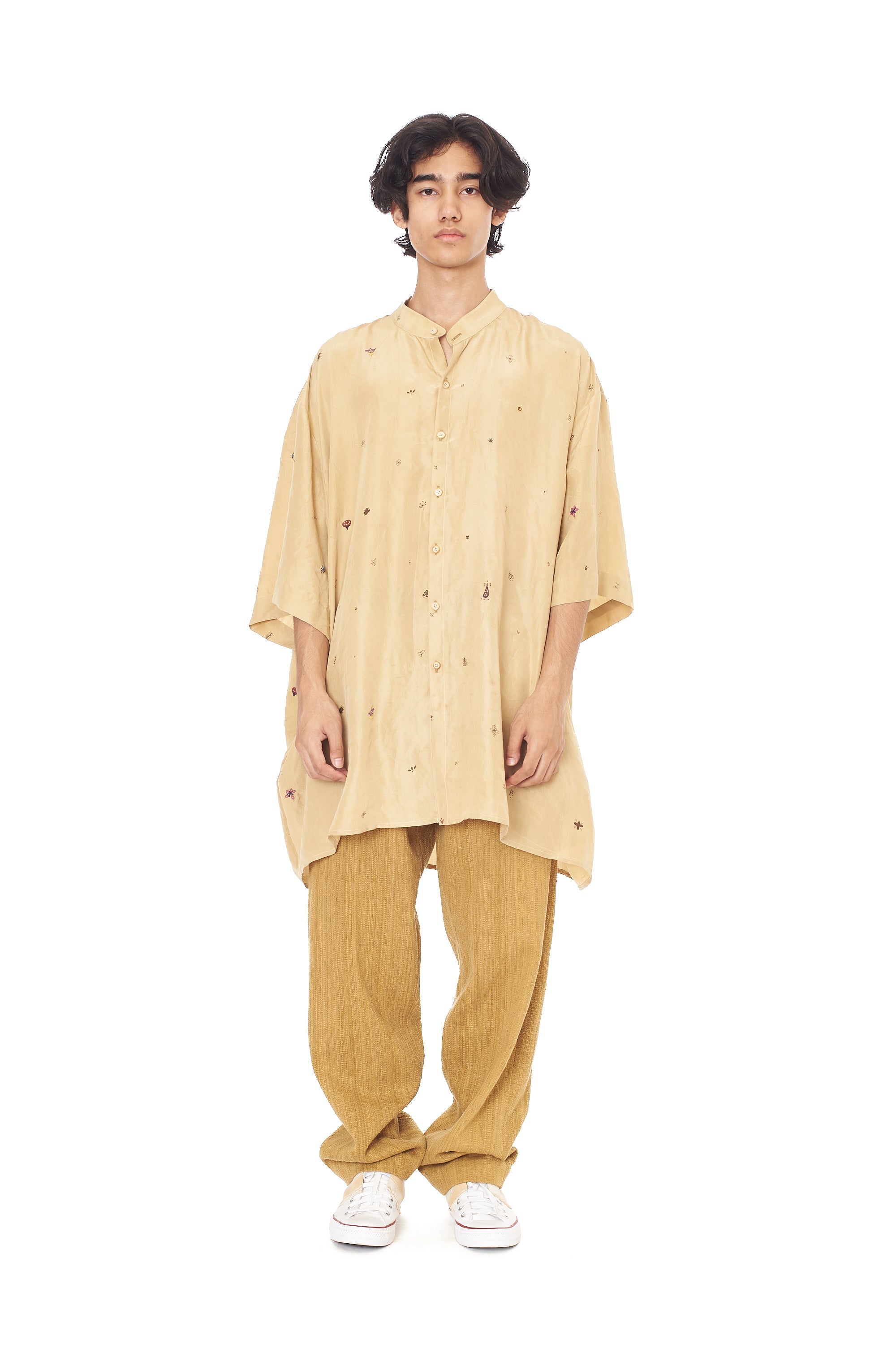 Whiskey Gold Elemental Screen Printed Shirt In Fine Silk With Hand Embroidered Details