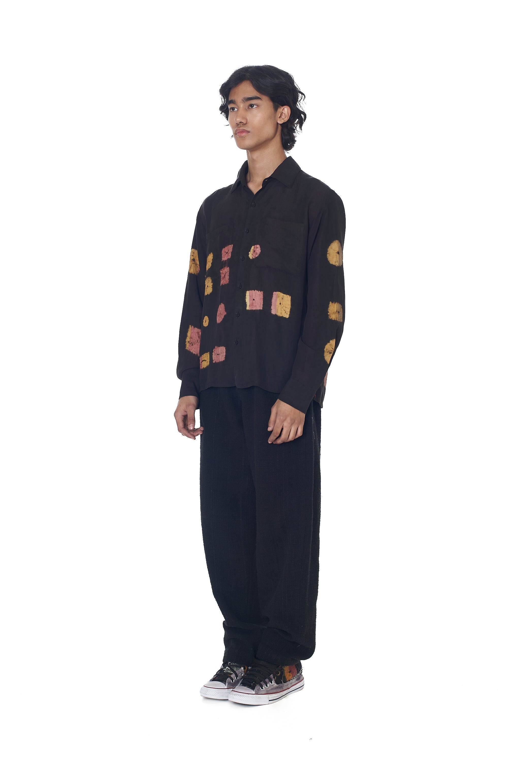 BLACK SOFT SILK MULTI-COLOUR SHIBORI SHIRT