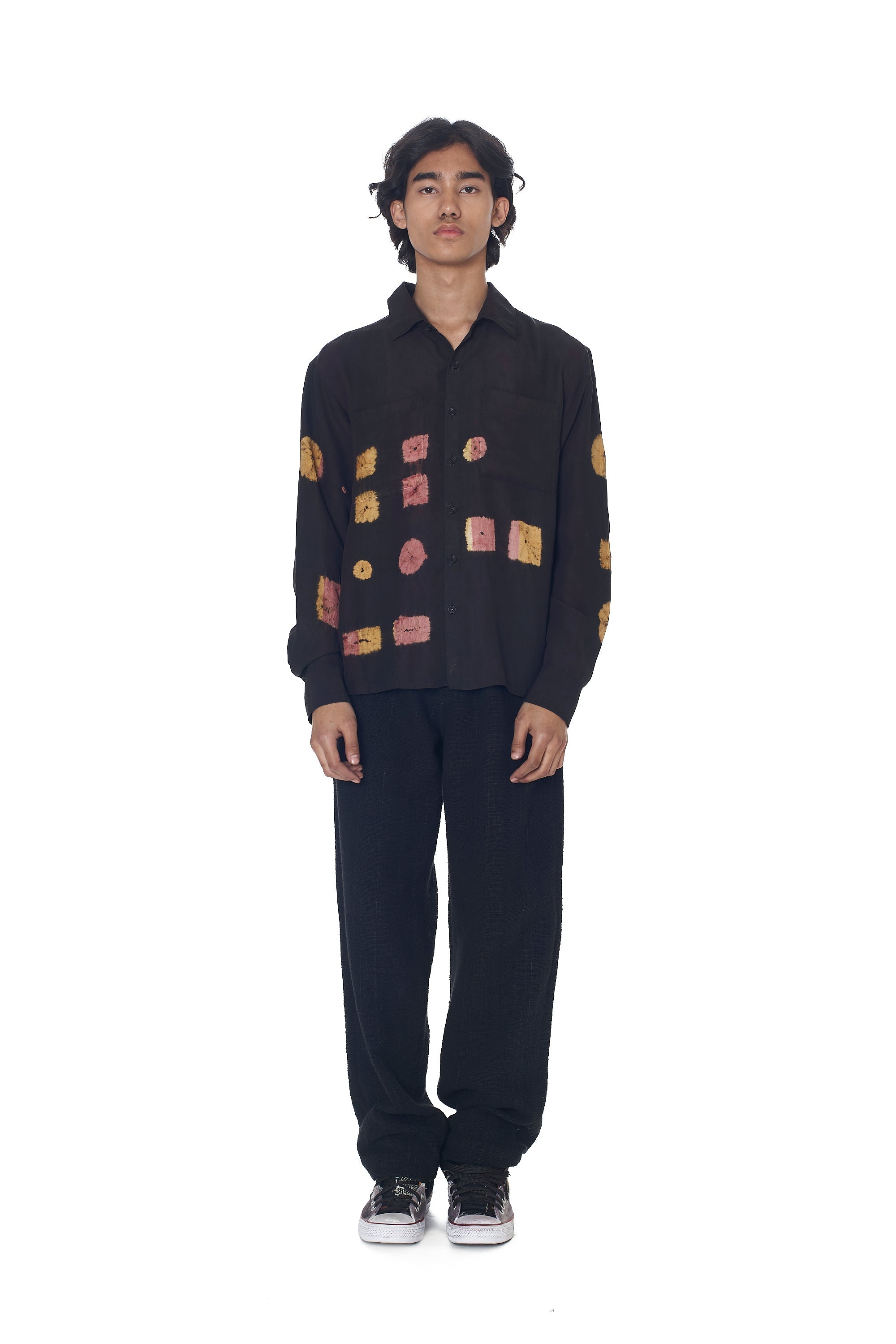 BLACK SOFT SILK MULTI-COLOUR SHIBORI SHIRT