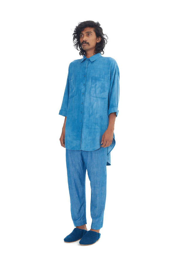 INDIGO WASHED BUTTON DOWN DENIM SHIRT DEOXIDISED IN A NATURAL SOLUTION