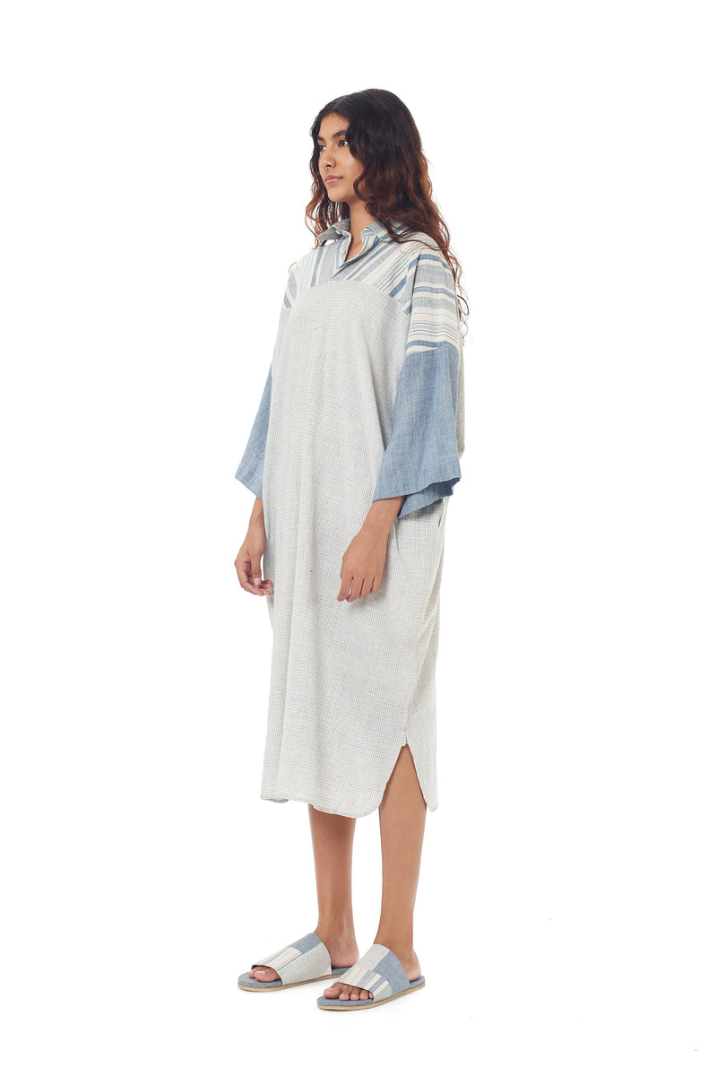 INDIGO ORGANIC COTTON YARN DYED PATCHWORK SCULPTED DRESS