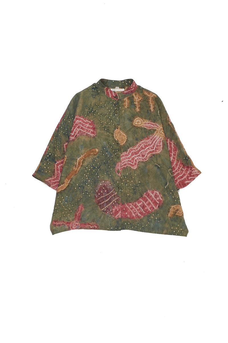 One Of A Kind Handpainted Silk Shirt Crafted With Bandhani