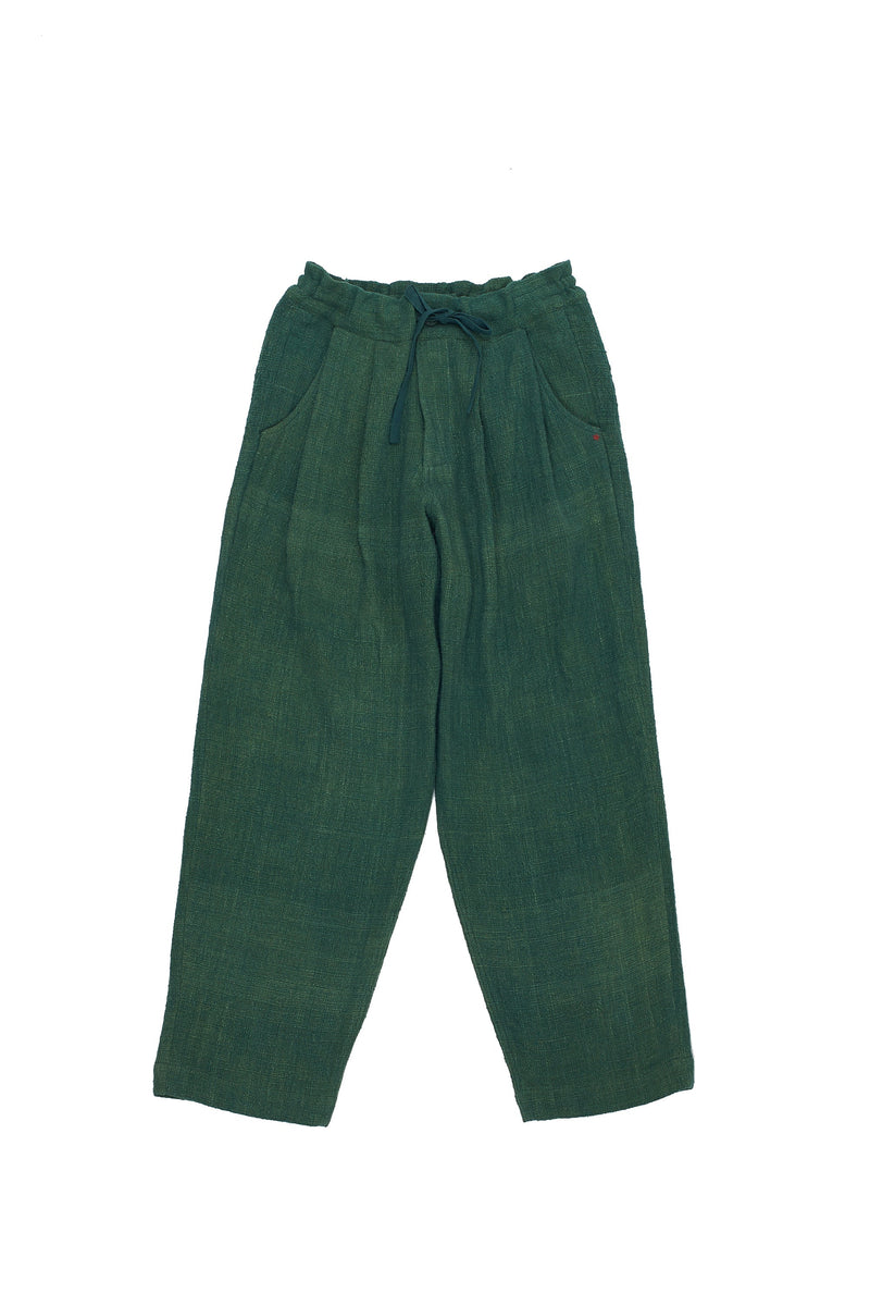 Olive Green Handspun Cotton Textured Pleated Trousers