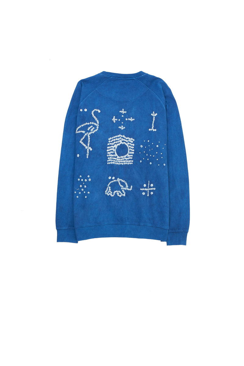 INDIGO DYED ORGANIC COTTON SWEATSHIRT CRAFTED WITH BANDHANI