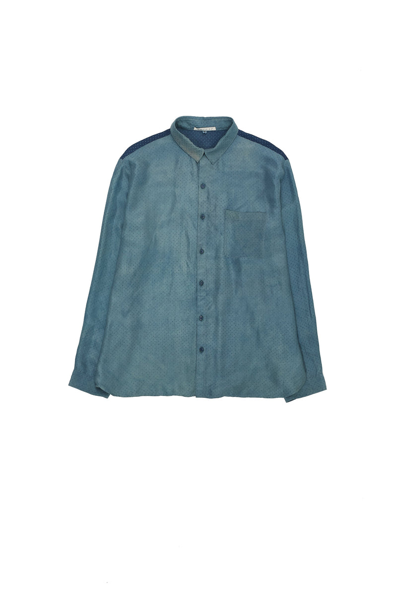 INDIGO BLOCK PRINTED SOFT SILK SHIRT