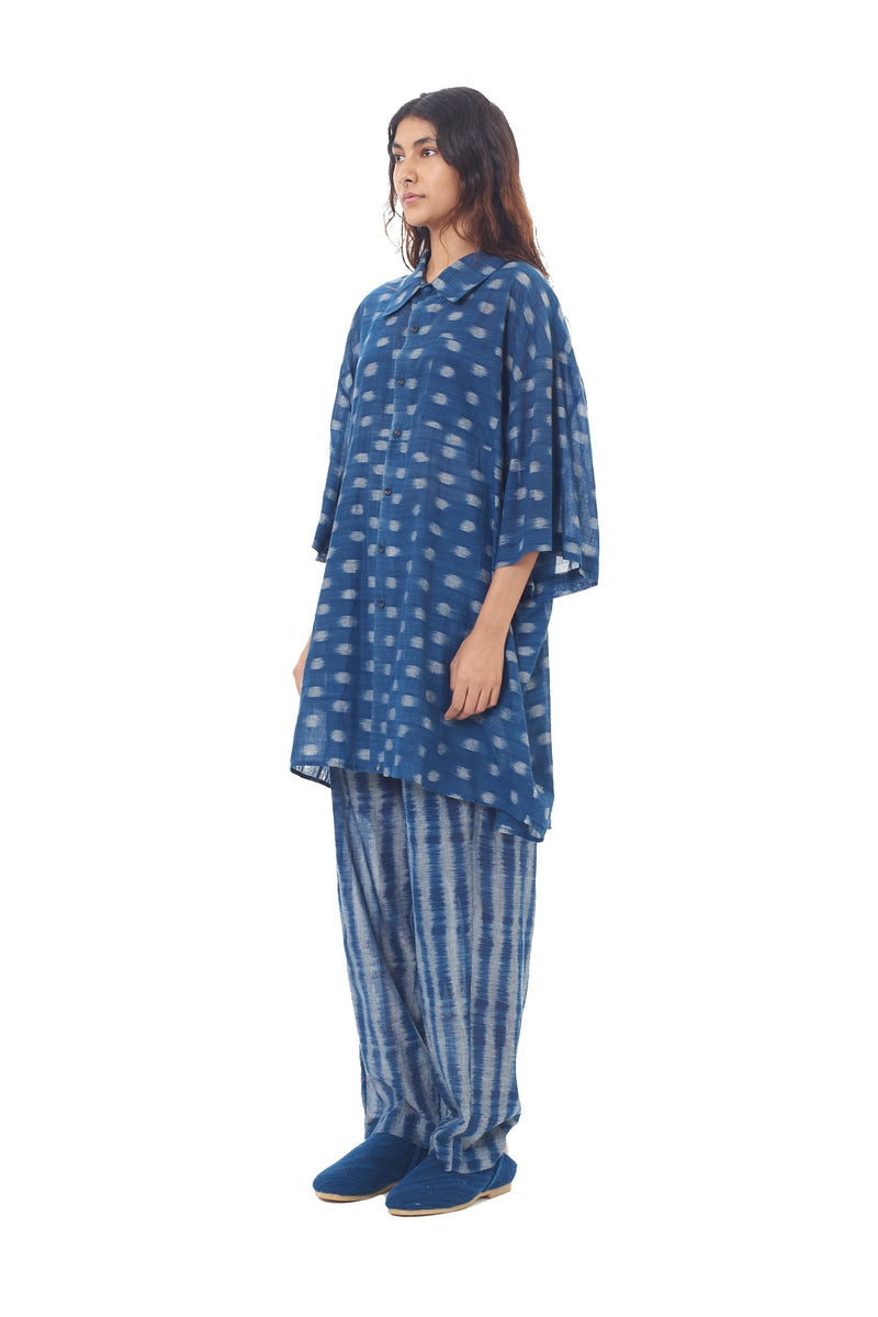 DEEP INDIGO STRIPE IKAT STATEMENT SUMMER SHIRT