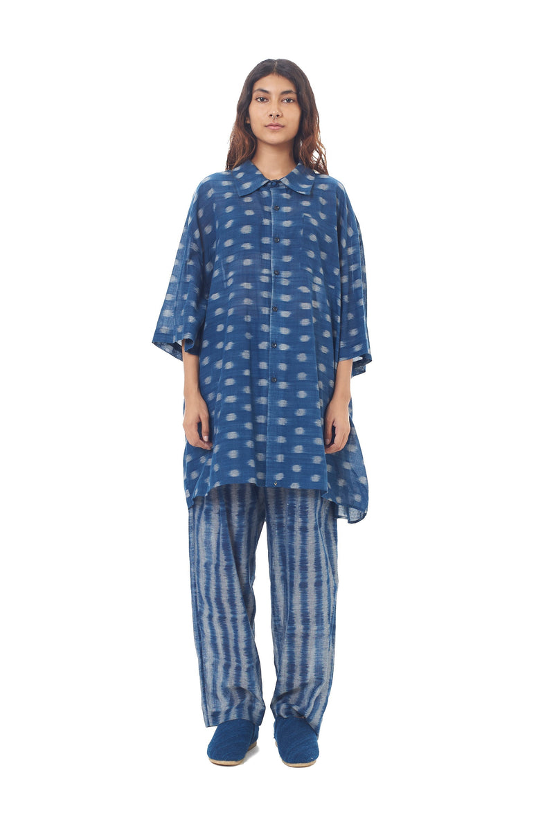 DEEP INDIGO STRIPE IKAT STATEMENT SUMMER SHIRT