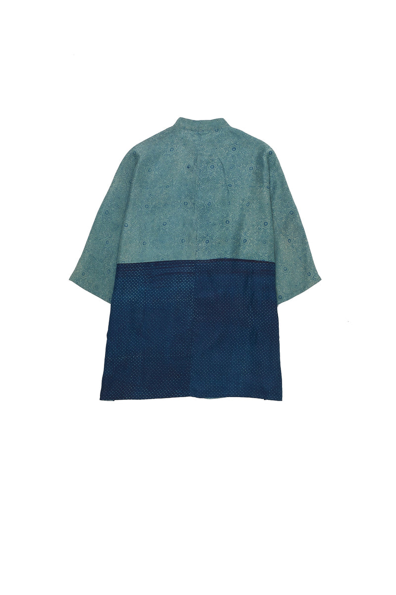 Indigo Block Printed Soft Silk Kimono Sleeve Shirt