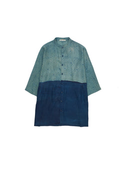 INDIGO BLOCK PRINTED SOFT SILK KIMONO SLEEVE SHIRT