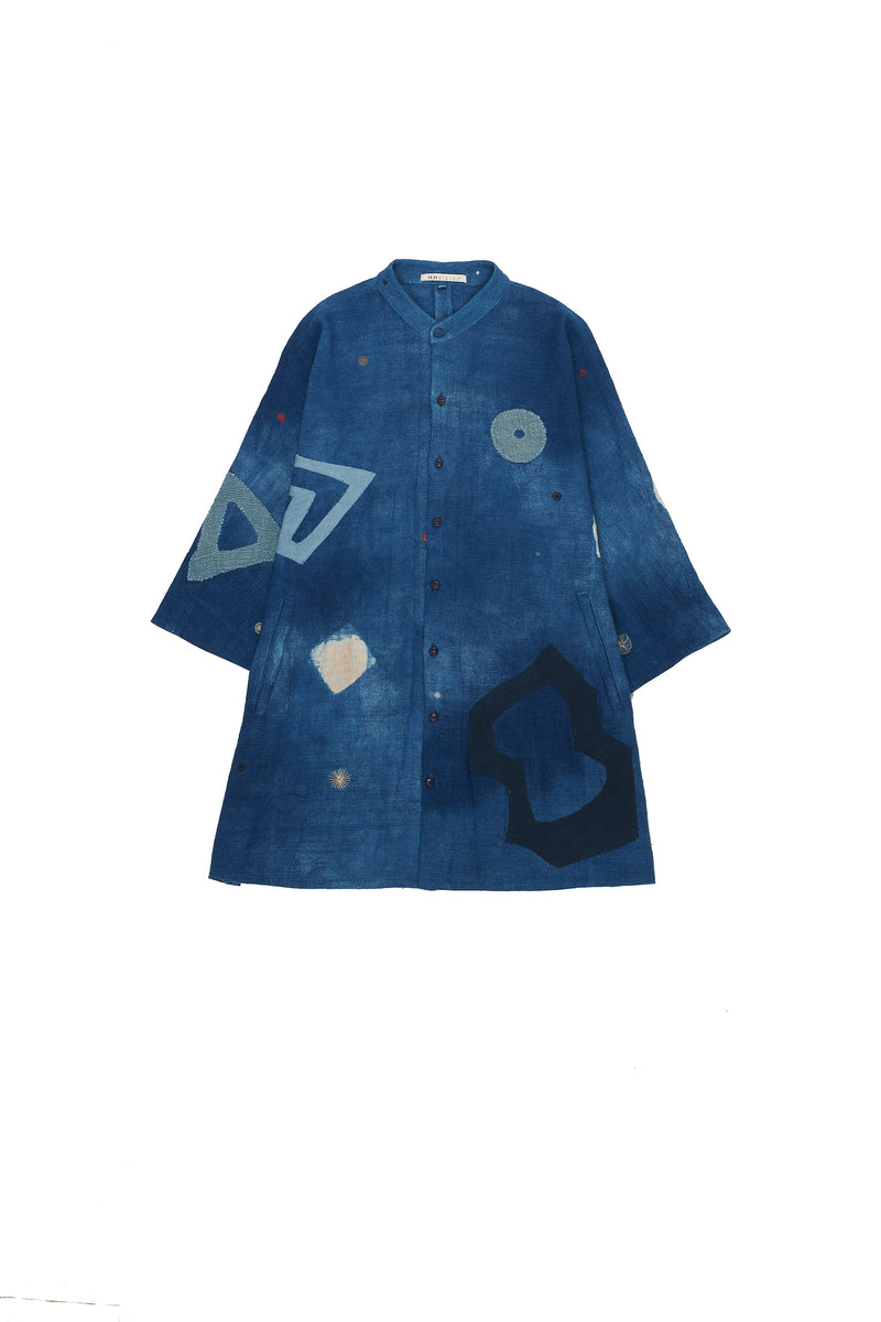 INDIGO STATEMENT PATCHWORK TEXTURED COTTON SHIRT