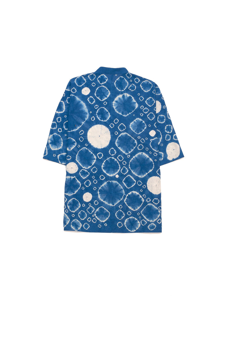 INDIGO KIMONO SLEEVED FINE COTTON SHIRT WITH ALL OVER SHIBORI MOTIFS