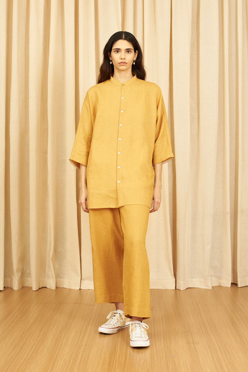 Mustard Yellow Textured Pleated  Straight Fit Pants