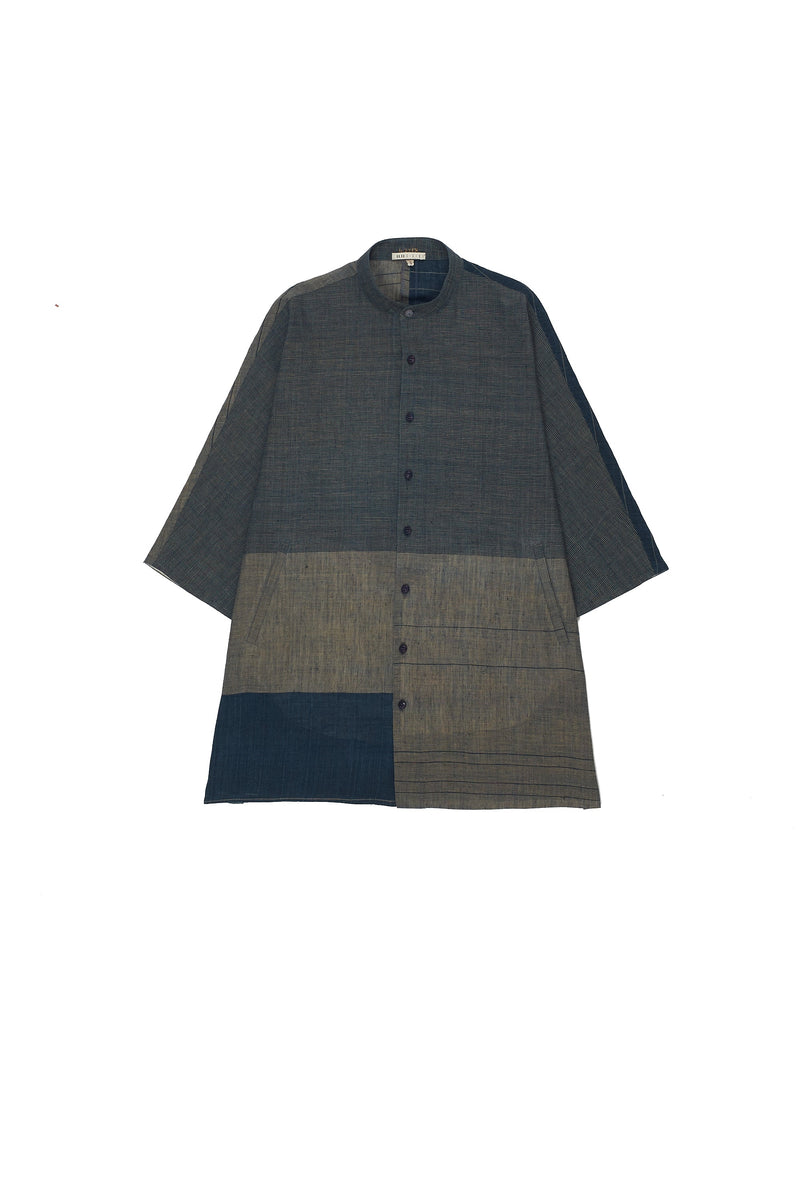 INDIGO YARN DYED STRIPES BAND COLLAR SHIRT