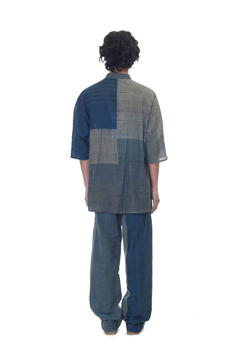 INDIGO YARN DYED STRIPES BAND COLLAR SHIRT