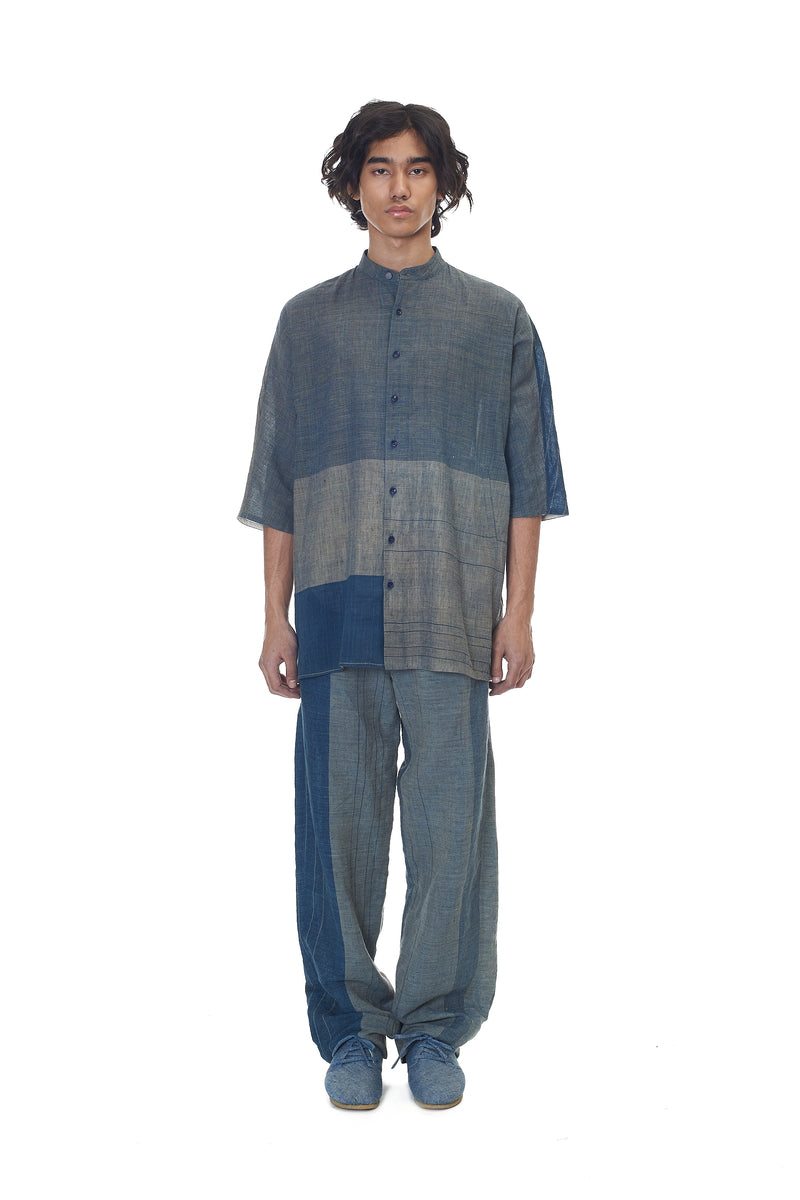 INDIGO YARN DYED STRIPES BAND COLLAR SHIRT